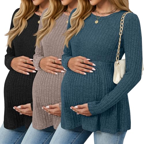 3 Pack Maternity Sweaters Long Sleeve Ribbed Shirts | Pregnancy Tunic Tops, Curved Hem Split Side Design, Loose Casual Outfits, Crewneck Tees, Lounge Daily Clothes Women