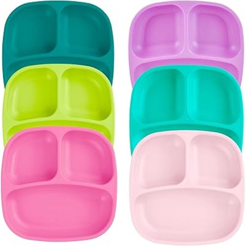 Re-Play Divided Toddler Plates Set of 6 - Deep-Walled 3 Compartment Kids Plates for Picky Eaters - Dishwasher & Microwave Safe - BPA-Free - Made in USA, Fairytale