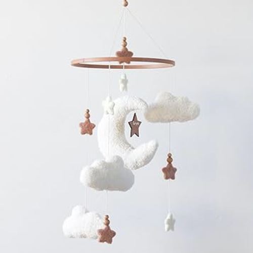 Cloud Crib Mobile for Girls & Boys, Boucle Cloud Baby Mobile for Crib Neutral Boho Nursery Mobile, Stars and Moon
