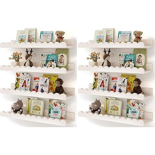 Shario Nursery Book Shelves, 8-Pack White Floating Shelves for Wall Kids, Scalloped Shelves, Wall Book Shelves for Bedroom Kids, Toddler Room, Baby Room, Nursery Decor