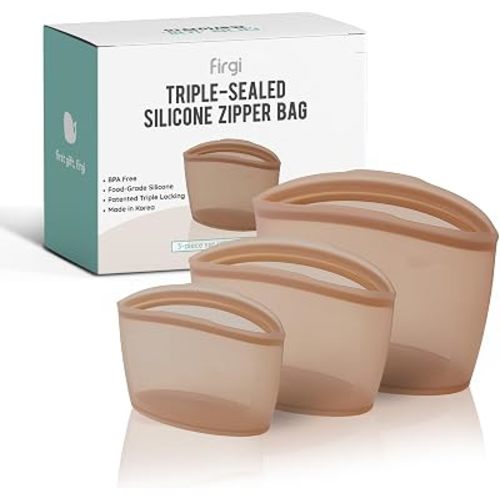 Reusable Silicone Food Storage Bags, 3-Pack Variety Set (2, 3.5, 6 Cups), Made in Korea BPA-Free Silicone, Triple-Airtight Freezer Bags, Microwave Safe, Sous Vide, Zip Lock Pouch, Brown