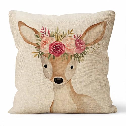 SSOIU Throw Pillow Covers Floral Bohemian Boho Woodland Watercolor Deer Cushion Pillow Case Home Decor Pillowcase 18x18 Inches