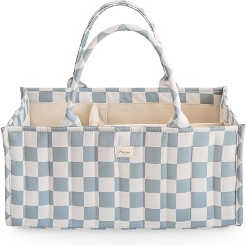 mushie Baby Diaper Caddy | Newborn Essentials Organizer (Blue Check)