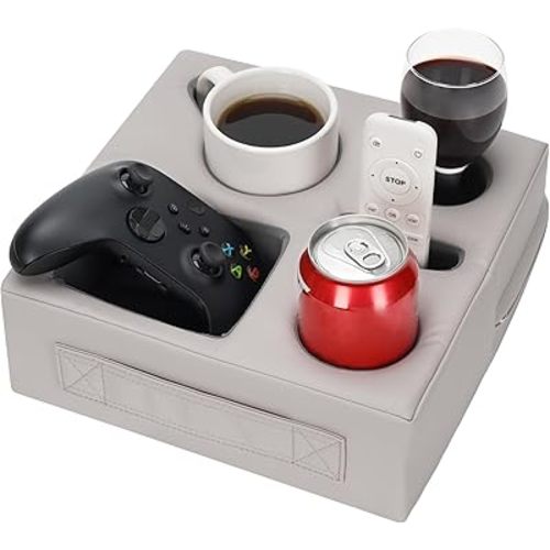 STBoo Couch Cup Holder Pillow - Sofa Drink Cup Holder Cozy Buddy | Bed Caddy Organizer Holds Remote, Snacks, Phones | Waterproof Anti-Spill Sofa Beverage Tray for Car, Pack, Beach, RV, Boat (PUGrey)
