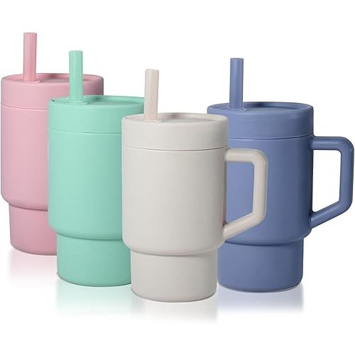 4 Pack 9oz Tumbler with Straw and Coloed Lid Smll Tumbler with Toddler-Friendly Straw and Handle Set of 4,Encourages Hydration, Easy to Clean, Dishwasher Safe, Mixed Creamsicle