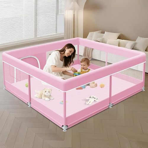 XVISHX Baby Playpen 50 x 50 Inch Play Pen Playards, Playpen for Babies and Toddlers, Baby Playard for Indoor & Outdoor Active Center Game Fence, with Skin-Friendly Fabric and Soft Breathable Mesh Pink