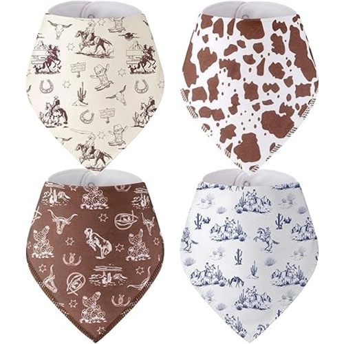 VitalCozy 4 Pcs Vintage Western Baby Bandana Bib Cotton Newborn Infant Feeding Drool Bib for Drooling and Teething Girl Boy