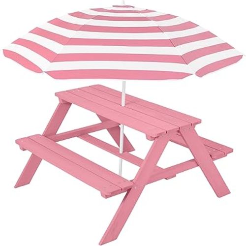 Best Choice Products Wooden Kids Picnic Table with Umbrella, Outdoor Activity Table Set with Built-in Benches, 220 lb Capacity per Bench - Pink