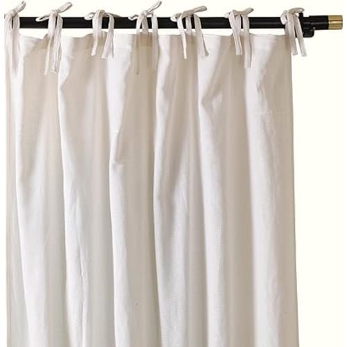 THE ART BOX Natural Gauze Blended Curtains Linen Sabsitute Energy Efficient Light Filtering Tie Top Door Window Treatment 2 Panel Drape for Livingroom (White, L 72" X W 42" Each Panel)