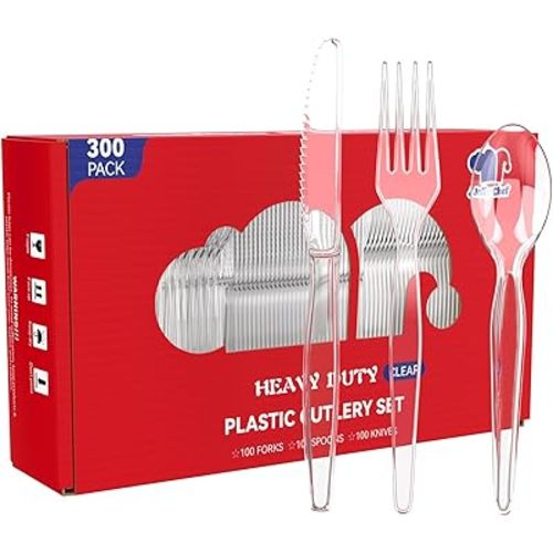 JOLLY CHEF 300 Count Clear Plastic Silverware, 150 Forks, 150 Spoons, 100 Knives, Heavy Duty BPA Free Disposable Plastic Cutlery Set, Plasticware Bulk, Premium Clear Utensils for Party Supplies
