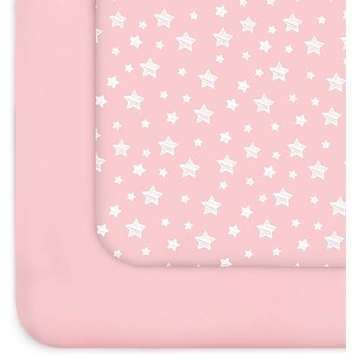 Pack and Play Sheets Girl, 2 Pack Mini Crib Sheets, Stretchy Playard Fitted Sheet, Compatible with Graco Pack n Play, Soft and Breathable Material, Pink&Pink Stars