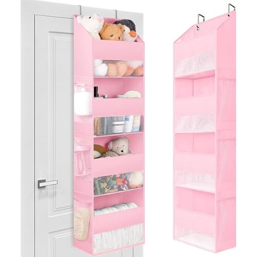 GRANNY SAYS Over The Door Organizer, 4-Shelf Behind The Door Storage with 6 Pockets, Waterproof 300D Oxford Fabric Hanging Organizer, Anti Tilt 35lb Load Shelf for Nursery, Kids Room, Bedroom, Pink