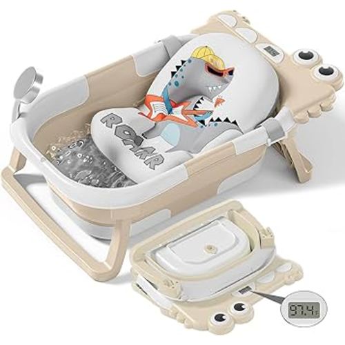 TPN Collapsible Baby Bathtub, Baby Bath Tub with Soft Cushion & Real-Time Thermometer, Baby Bathtub Infant to Toddler Tub (0-36 Months), Portable Travel Baby Tubs for Newborns (Beige)