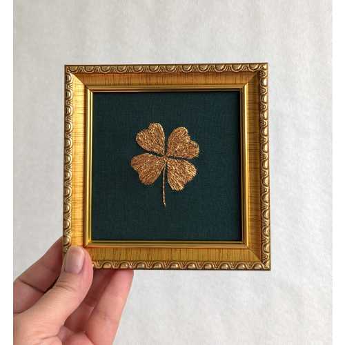 Framed Gold Four Leaf Clover Hand Embroidery, Dark Green Lucky Charm Wall Art, Metallic Botanical Decor, Good Luck Gift 4 Inches