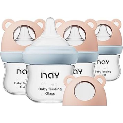 Natural Glass Baby Bottle for Breastfeeding Babies, 3oz Newborn Anti-Colic Baby Bottle with Slow Flow Nipples (SS), Clear, Wide Neck, 4 Pack, 0 Months+
