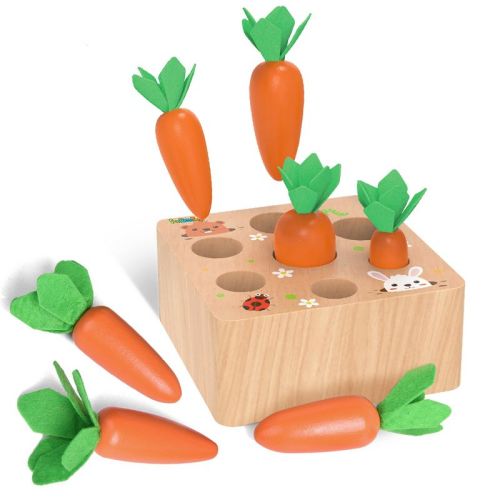 7 PCS Wooden Carrots Montessori Sorting Toys Educational Carrot Harvest Toy for Toddlers, Shape Sorting Matching Puzzle Birthday Gifts for Toddlers