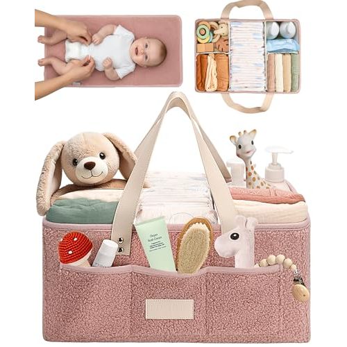 Toodly Baby Diaper Caddy Organizer with Portable Changing Mat - Teddy Fleece Diaper Organizer for Changing Table - Basket for Changing Essentials - Baby Essentials Organizer with Removable Dividers