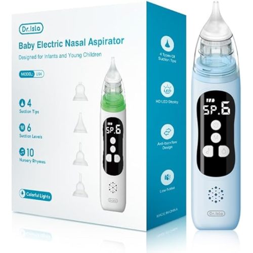 Henkion Baby Nasal Aspirator - Electric Nose Sucker for Baby - Auto Snot & Nose Cleaner Kit with 4 Silicone Tips, Carry Bag & Cleaning Kit, 6 Suction Levels, Music & Light Soothing Function, Blue