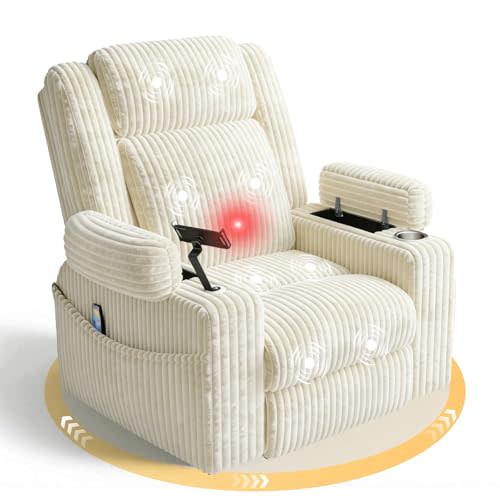 EROMMY Power Oversized Swivel Rocker Recliner with Massage and Heat, Nursery Rocking Chairs for Living Room, Comfy Glider Chair with Cup Holders, Armrest Storage,USB&Type-C Ports,Beige
