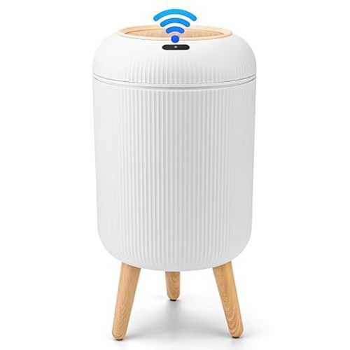Pukomc Motion Sensor Trash Can, 2.6 Gallon Automatic Trash Can with Lid, Fluted Bathroom Trash Can with Wood Legs, Decorative Round Wastebasket for Bedroom and Office