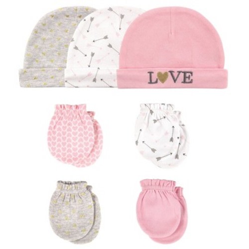 Hudson Baby Infant Girls Cotton Cap and Scratch Mitten 7pc Set, Love, 0-6 Months