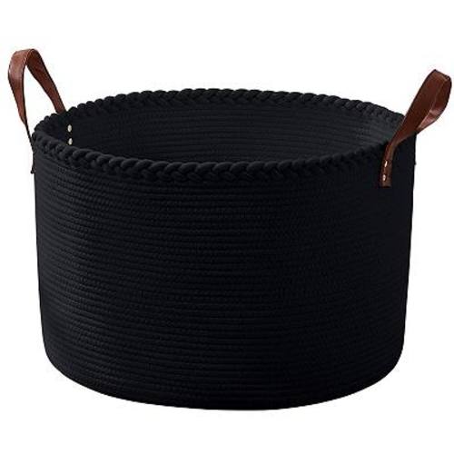 Extra Large Round Cotton Rope Storage Basket Laundry Hamper with Leather Handles