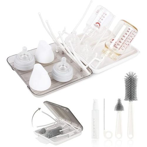 Baby Bottle Brush Set, 6-in-1 Travel Bottle Cleaning Kit with Silicone Bottle Brush, Nipple & Straw Brush, Soap Dispenser, Drying Rack, Storage Box – Compact Travel Baby Essential for Home & On-The-Go