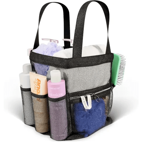 Mesh Shower Caddy Dorm 8 Pockets & 1 Zipper & Removable Bottom Shower Tote, Travel Shower Caddy Portable, Shower Caddy College Room Essentials, Sunscreen Shower Bag, Camping, Bathroom (Large - Black)
