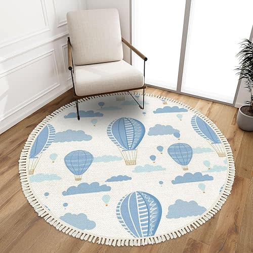 Round Rugs Hot air Balloon Cloud Seamless Pattern Vintage Children Cute Print Boho Area Rug Linen and Cotton Carpet Meditation Rug Washable Hallway Runner Mat Accent Rug for Bedroom Nursery 4ft