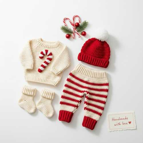 Crochet Baby Christmas Outfit, Handmade Candy Cane Sweater Set with Hat and Pants, Holiday Infant Gift Set