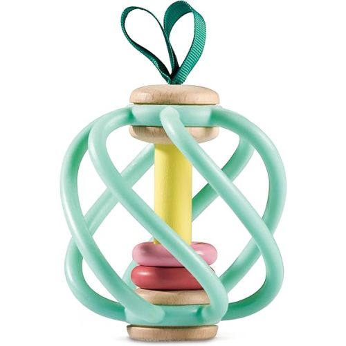 Hape Apple Grab Toy - Silicone & Wood Baby Rattle & Teether – Sensory Development Toy with Gentle Sound, Soft Chewable Rings, Easy Attachment for Crib & Stroller – for Babies 0-18 Months