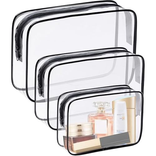 3 Pack Clear Cosmetic Bag, Waterproof Toiletry Bag with Zipper, Transparent Travel Makeup Bags, TSA Approved Clear Organizer Bags, PVC Cosmetic Pouch Case for Vacation Airport Airline Compliant
