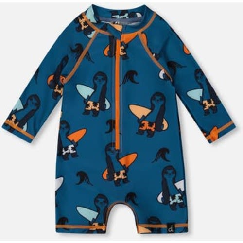 Baby Boy's Printed Long Sleeve One-Piece Rashguard Orange Sloths On Navy Blue, 3-6M