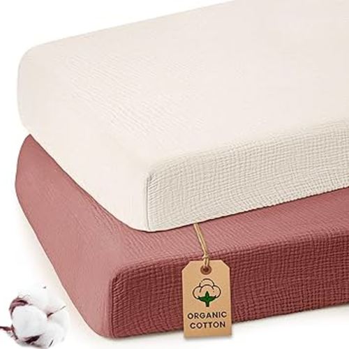100% Organic Cotton Muslin Crib Sheets (Set of 2) – Soft & Breathable Fitted Sheets for Boys and Girls, Neutral Colors – Fits Standard Baby Crib Mattress (28 x 52 Inches) (Rust/Ivory)