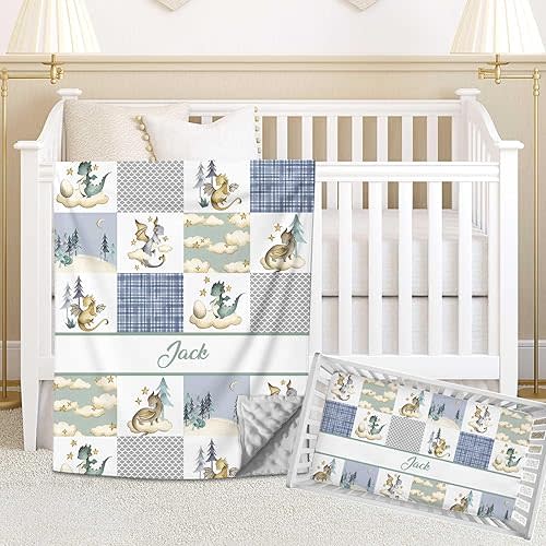 Personalized Flying Dragon Baby Bedding Set, Custom Name Comforter, 2 Piece Nursery Bedding Set with Fitted Sheets