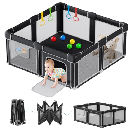 Foldable Baby Playpen with Mat, 50x50 Inches, Black | Visible Mesh Play Yard, Portable Collapsible Safety Fence for Babies and Toddlers, Indoor & Outdoor Use