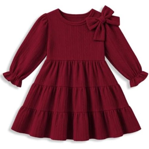 Toddler Baby Girl Dress Kid Textured Bow Ruffle Fall Winter Outfits