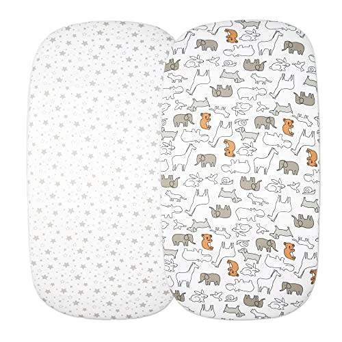 Cloud Baby Bassinet Sheet 32"x16" (2 Pack) - 100% Organic Jersey Cotton, Breathable and Soft for Baby Boy Girl Newborn Infant Unisex (Zoo Animals and Stars)