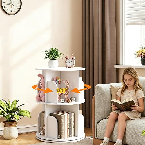 2 Tier Rotating Bookshelf Tower Spinning Bookshelf Revolving 360°Bookcase Storage Round Carousel Vertical Rotate Turning Spiral Corner Organizer Lazy Susan White