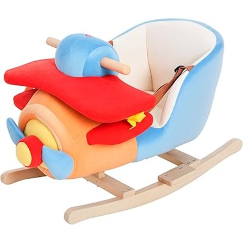 Qaba Kids Rocking Horse, Wooden Plush Ride-on Plane Chair Toy with Lullby Song and Seat Belt for 18 Month +
