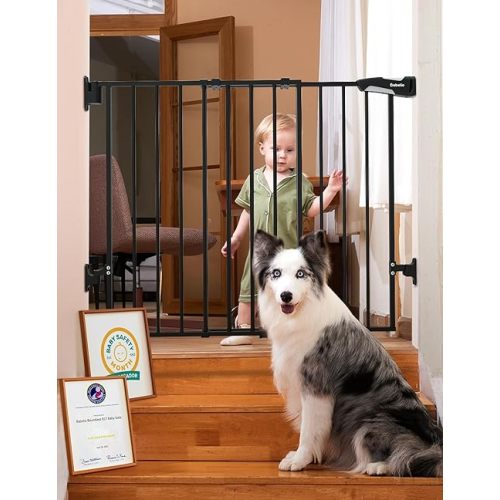 Babelio Baby Gate for Stairs, Kitchen & Doorways, No Bottom Bar| One-Handed Operation| Auto-Close| Hardware Mount (Drill Needed) Safety Dog/Pet Gate (Black - B17, 26-43" W, 28" H)