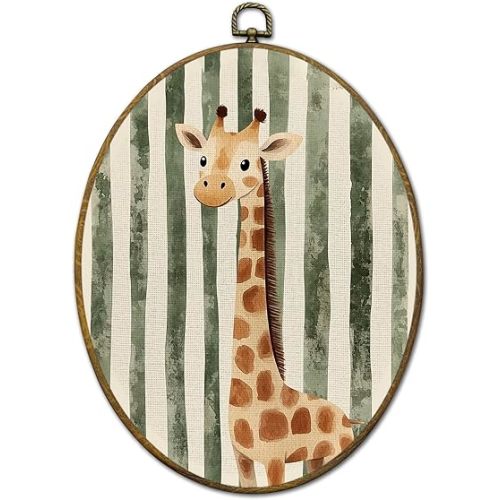 QZQE Giraffe Animal Nursery Oval Wall Art Decor Framed, Giraffe Gifts Oval Canvas Prints, Sage Green Striped Cute Wild Animal Wall Hanging Decor for Kids Nursery Room Bedroom, 8.6x11.4 Inch