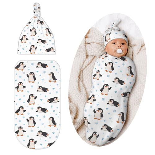 Swaddling Blanket for Baby, Penguin Swaddle Outfits Unisex Baby Stuff with Hat, Penguin
