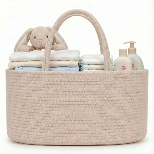 luxury little Diaper Caddy Organizer, Large Cotton Rope Nursery Baby Basket, Changing Table Organizer for Baby Diaper Storage, Portable Car Organizer Removable Divider (Oatmeal, Extra Large)