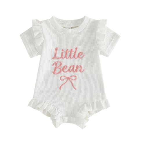 Little Bean Newborn Baby Girl Outfits Knitted Romper Summer Clothes | Waffle Knit Bow Ruffle Short Sleeve Romper Bodysuit Shirt