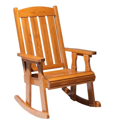 VINGLI Heavy Duty 600 LBS Outdoor Wooden Rocking Chair with Higher Backrest,Patio Rocking Chair with Ergonomic Design, Weatherproof Outdoor Rockers Suit for Patio, Garden, Balcony, Yard