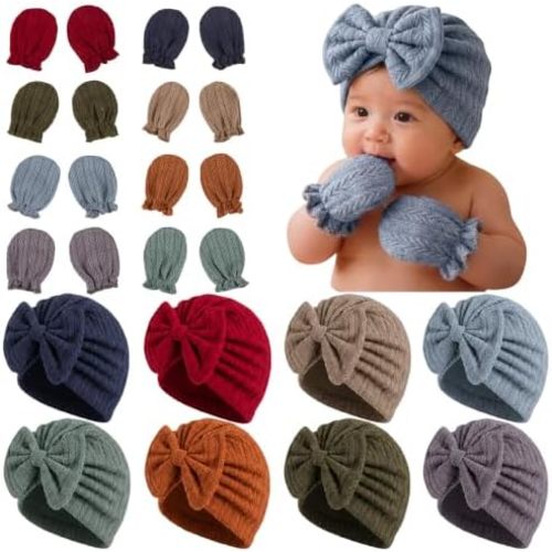 8 Sets Newborn Baby Girl Bow Hats and Mittens Turban Beanies 0-3M