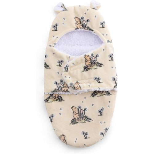 Berkshire Sherpa & Loftmink Baby Swaddle - Hooded Pooh Sleep Sack with Fuzzy Bear Ear Details - Classic Pooh Prints for Newborns Infants 0-3 Months(Pooh, Piglet and Dandelions Yellow, 13’’×23.5’’)