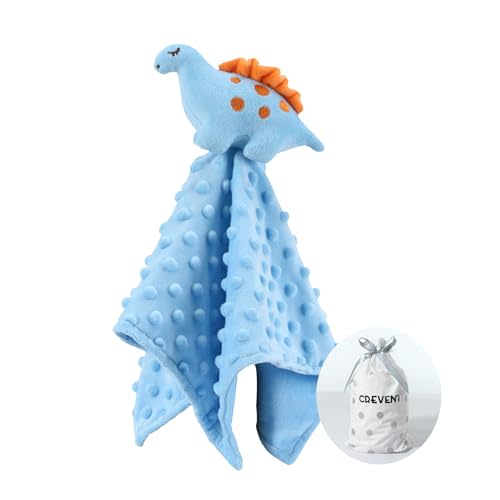 CREVENT Cozy Plush Baby Security Blanket Loveys for Baby Boys, Minky Dot Front + Sherpa Backing with Animal Face (Blue Dinosaur)