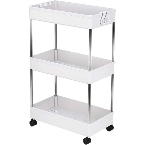 Rolling Utility Cart,Mobile Multi-Functional Storage Rack Cart with Wheels for Kitchen, Bathroom, Laundry Room Narrow Place, Plastic and Stainless Steel,White (3-Tire Normal)
